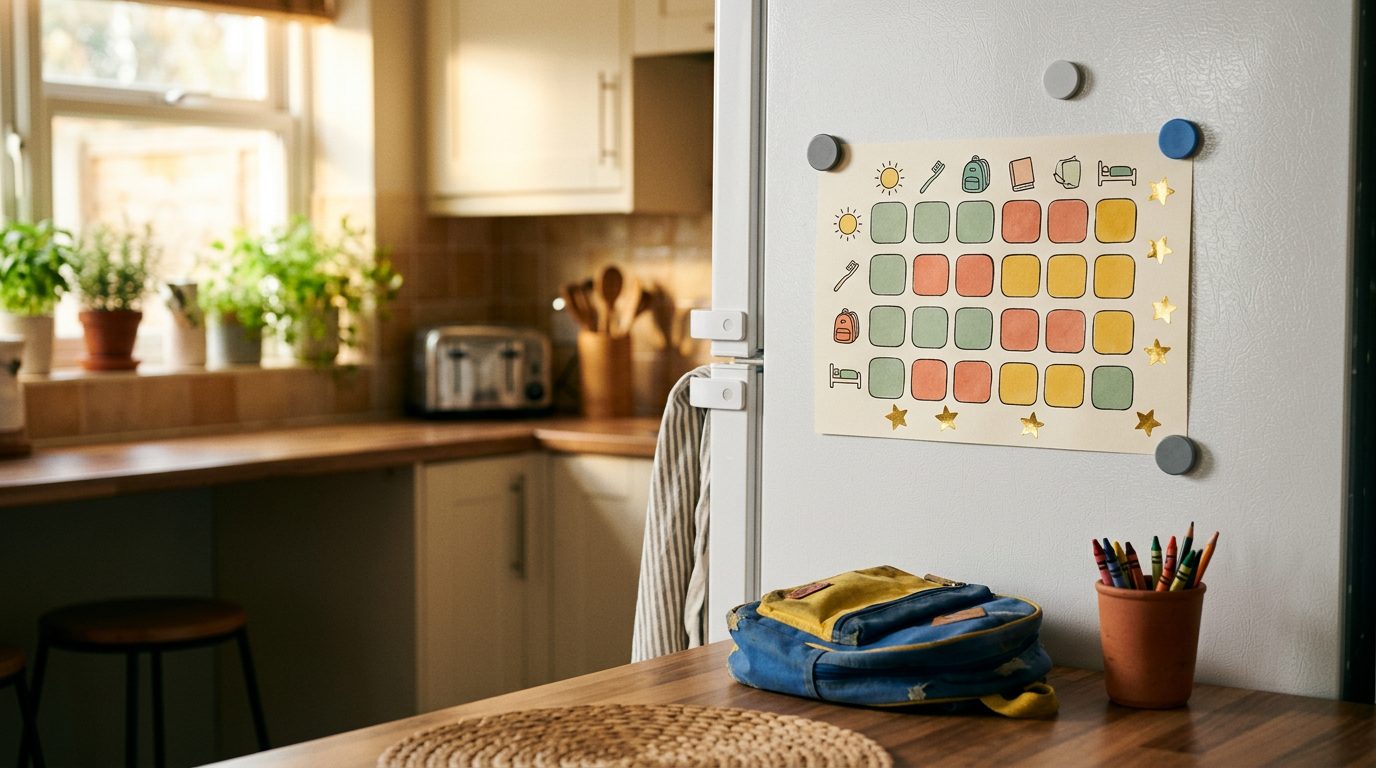 A sunlit kitchen with a paper routine chart covered in gold stars on the fridge